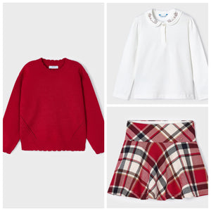 Mayoral check skirt, polo top & Jumper outfit