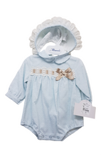 Load image into Gallery viewer, Blue spanish romper &amp; bonnet
