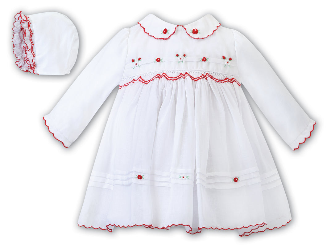 White/red baby dress & bonnet