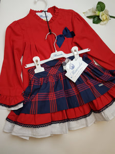 Red/navy tartan skirt and blouse