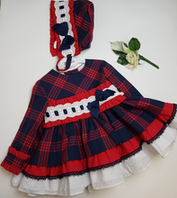 Load image into Gallery viewer, Miranda spanish red/navy dress &amp; bonnet
