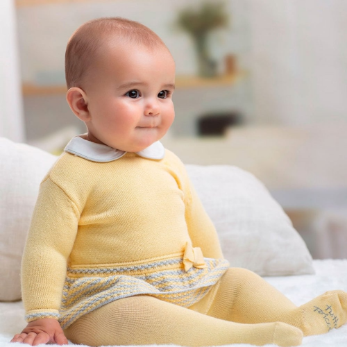 Knitted yellow baby dress & tights