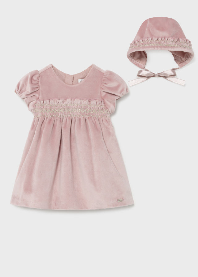 Velvet baby dress & bonnet - pink
